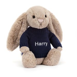 Bashful Beige Bunny with Personalised Navy Jumper
