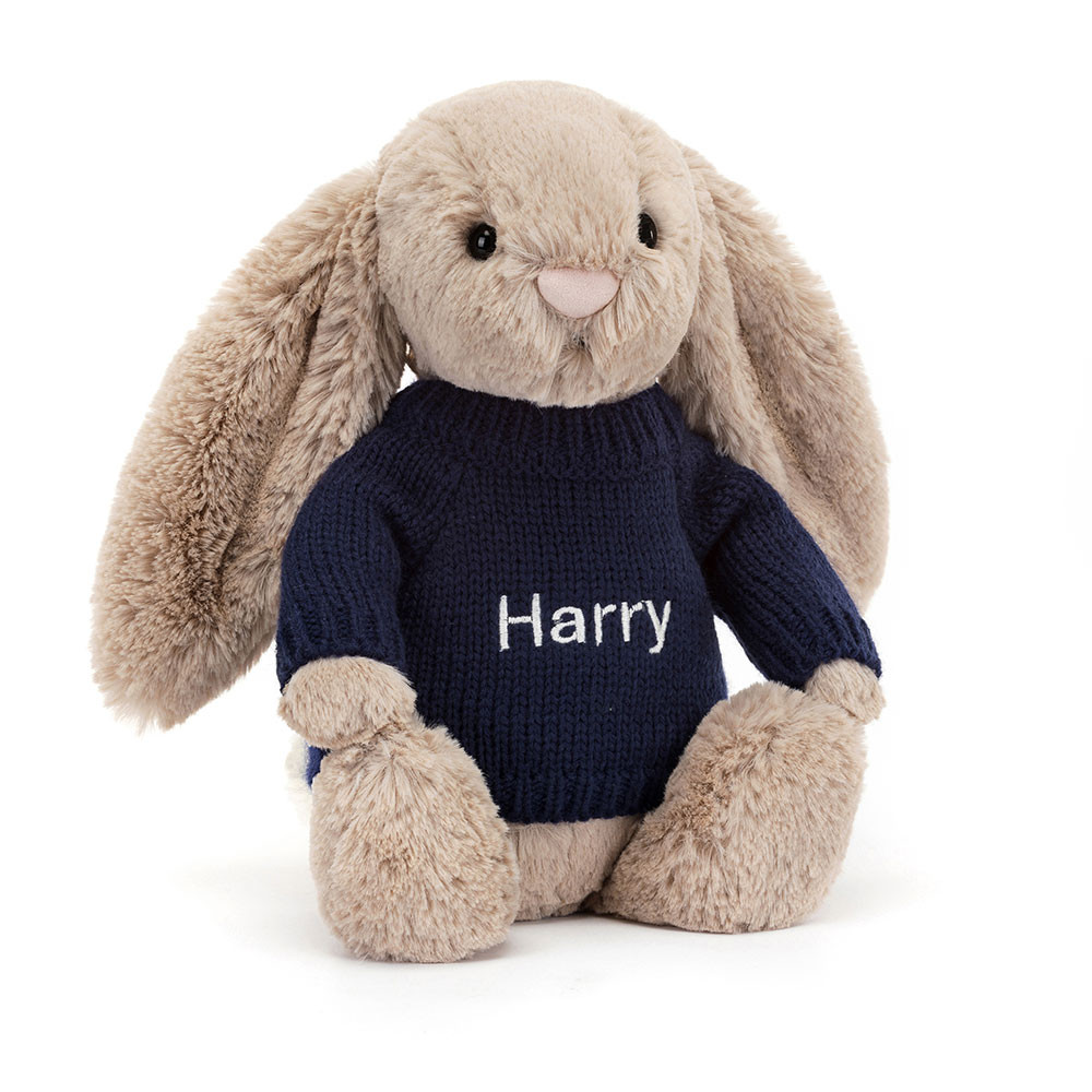 Bashful Beige Bunny with Personalised Navy Jumper