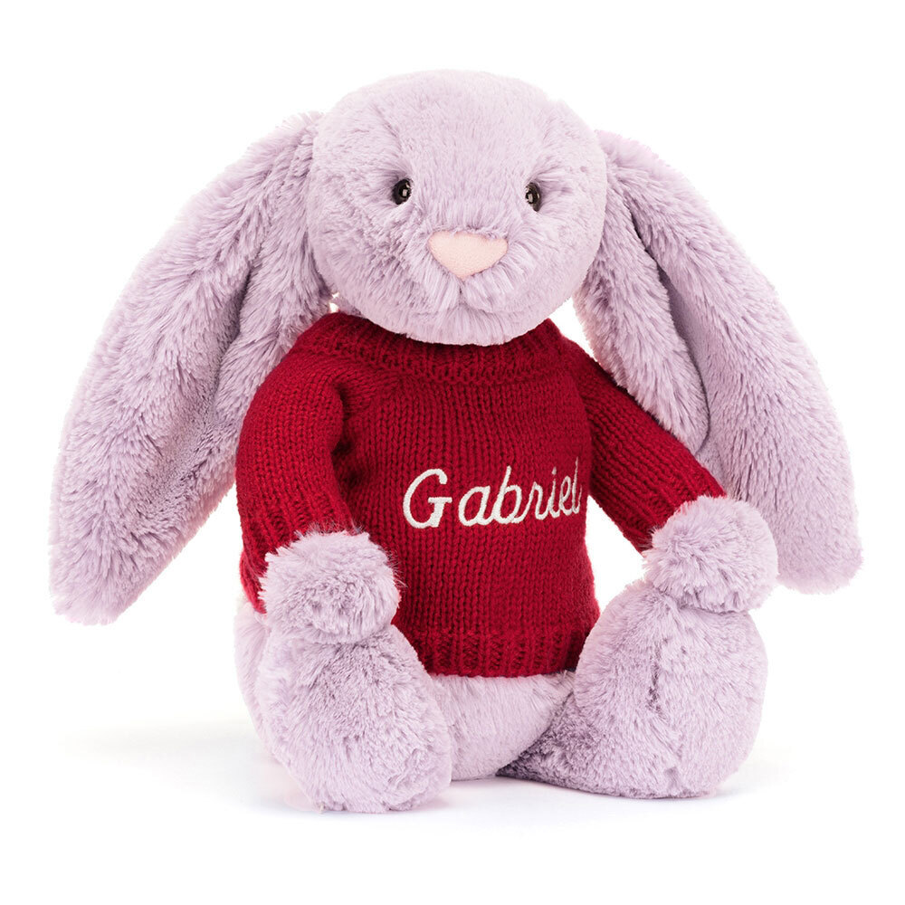 Bashful Lilac Bunny with Personalised Red Jumper